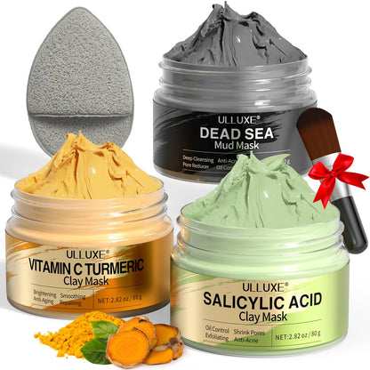 Facial Clay Mask Set - Vitamin C Turmeric Face Mask, Dead Sea Mud & Salicylic Acid (BHA) Mask for Pore Cleansing, Brightening, Blackheads & Dark Spots, Face Masks Skincare - dailyvitalstore