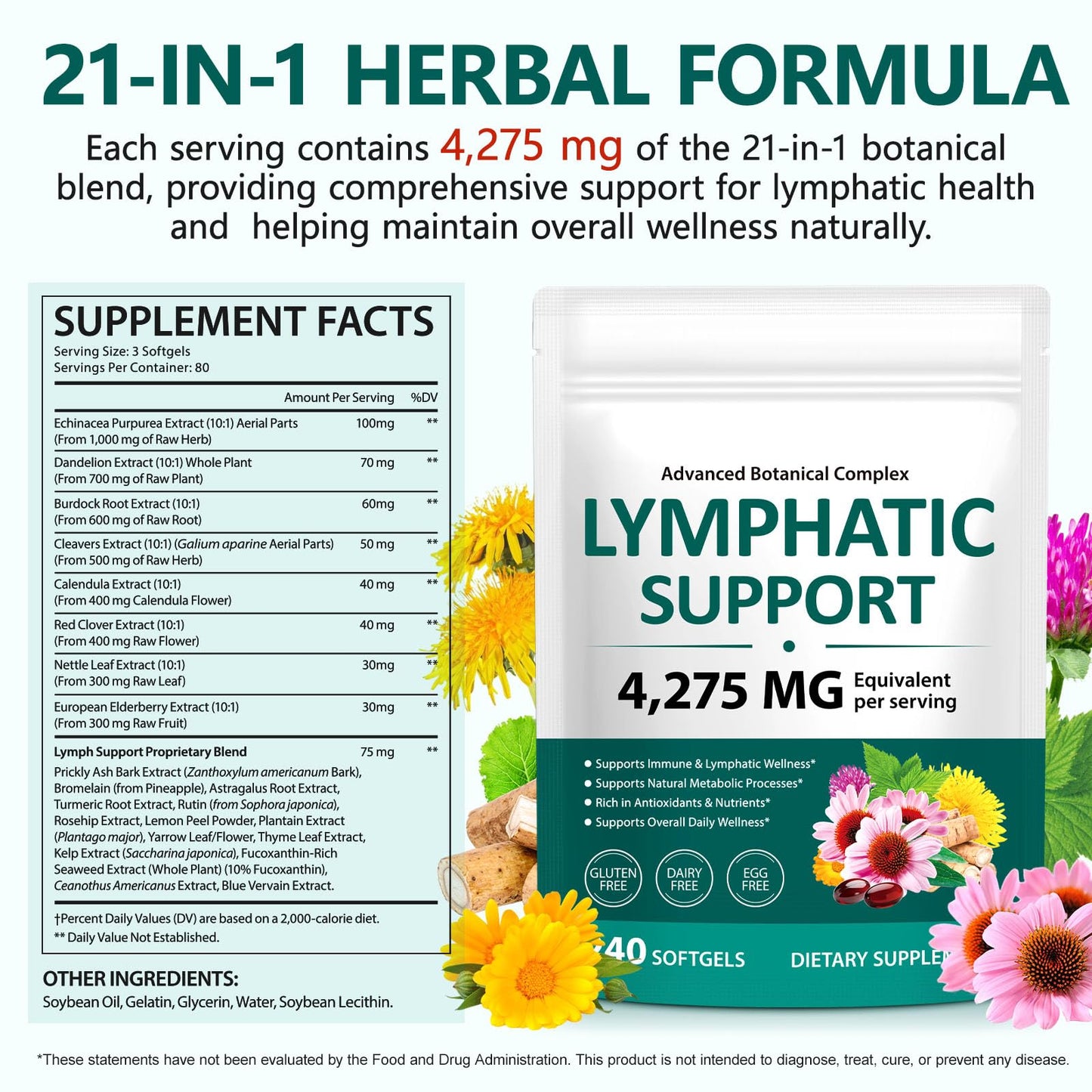 FANSHI Lymphatic Drainage Supplements 240 Softgels | Herbal Blend with Echinacea, Dandelion & Burdock Root | Promotes Healthy Circulation & Fluid Balance | Supports Overall Daily Wellness - dailyvitalstore