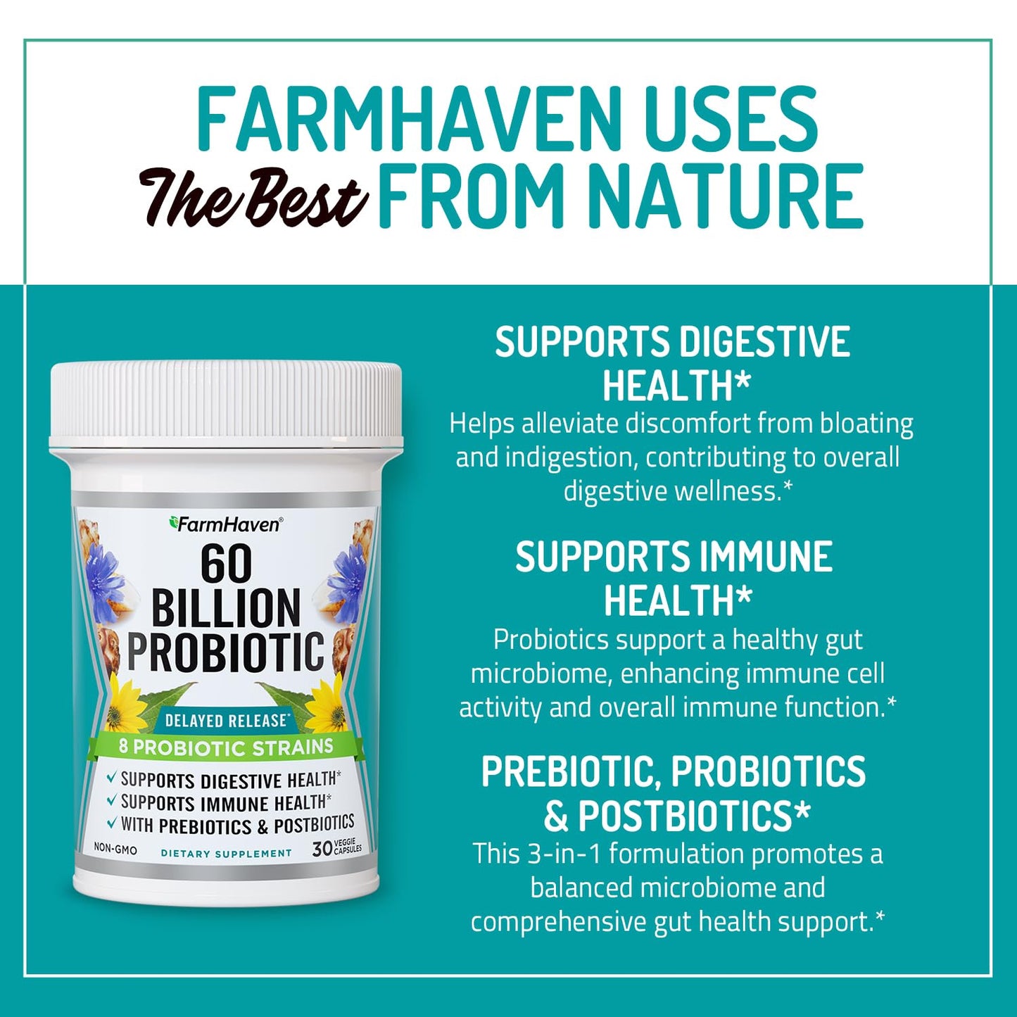 FarmHaven 60 Billion CFU Probiotic - 8 Probiotic Strains - Prebiotics & Postbiotics - Supports Digestive & Immune Health - Delayed Release - Shelf Stable - Non-GMO, Gluten Free - 30 Caps - dailyvitalstore