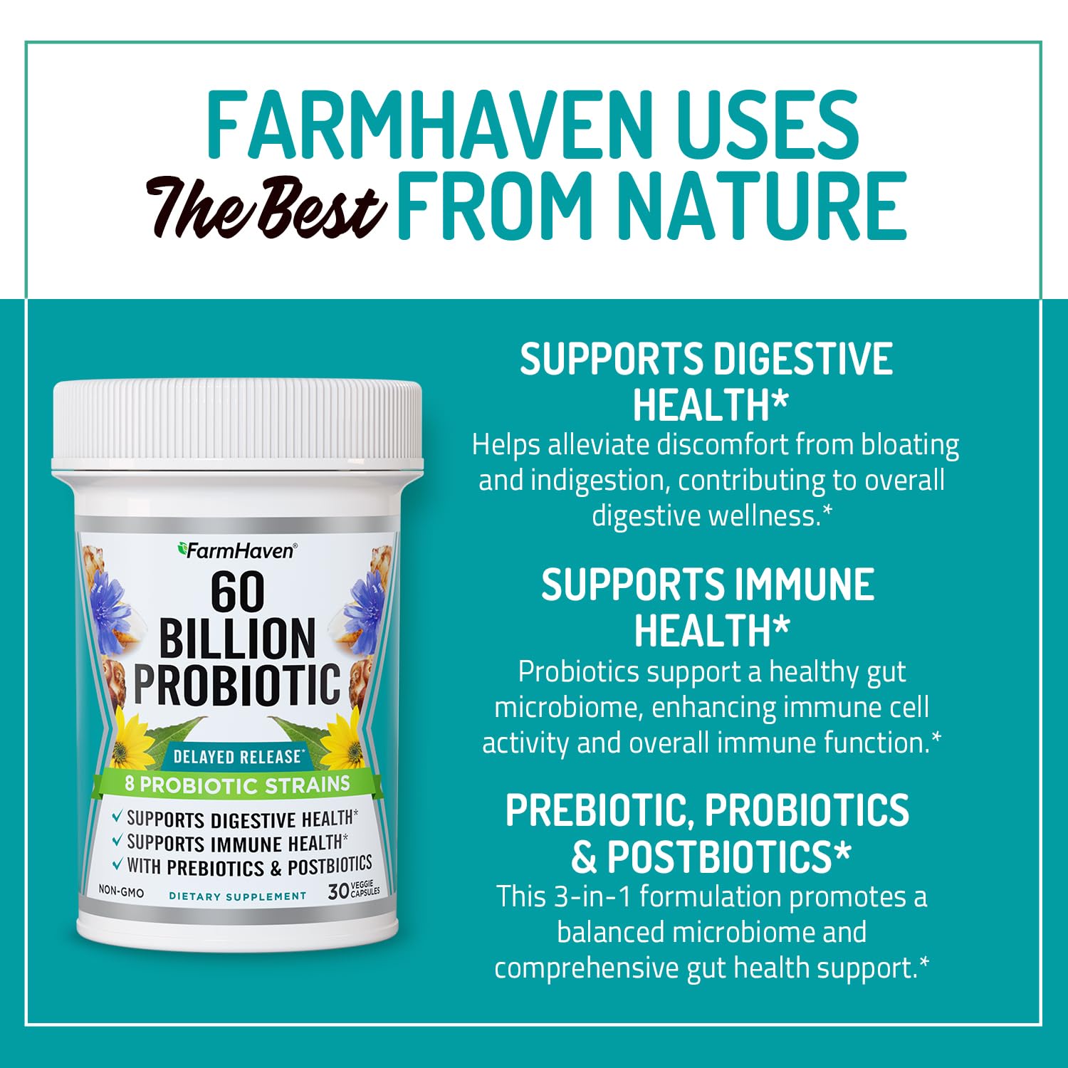 FarmHaven 60 Billion CFU Probiotic - 8 Probiotic Strains - Prebiotics & Postbiotics - Supports Digestive & Immune Health - Delayed Release - Shelf Stable - Non-GMO, Gluten Free - 30 Caps - dailyvitalstore