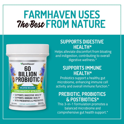 FarmHaven 60 Billion CFU Probiotic - 8 Probiotic Strains - Prebiotics & Postbiotics - Supports Digestive & Immune Health - Delayed Release - Shelf Stable - Non-GMO, Gluten Free - 30 Caps - dailyvitalstore