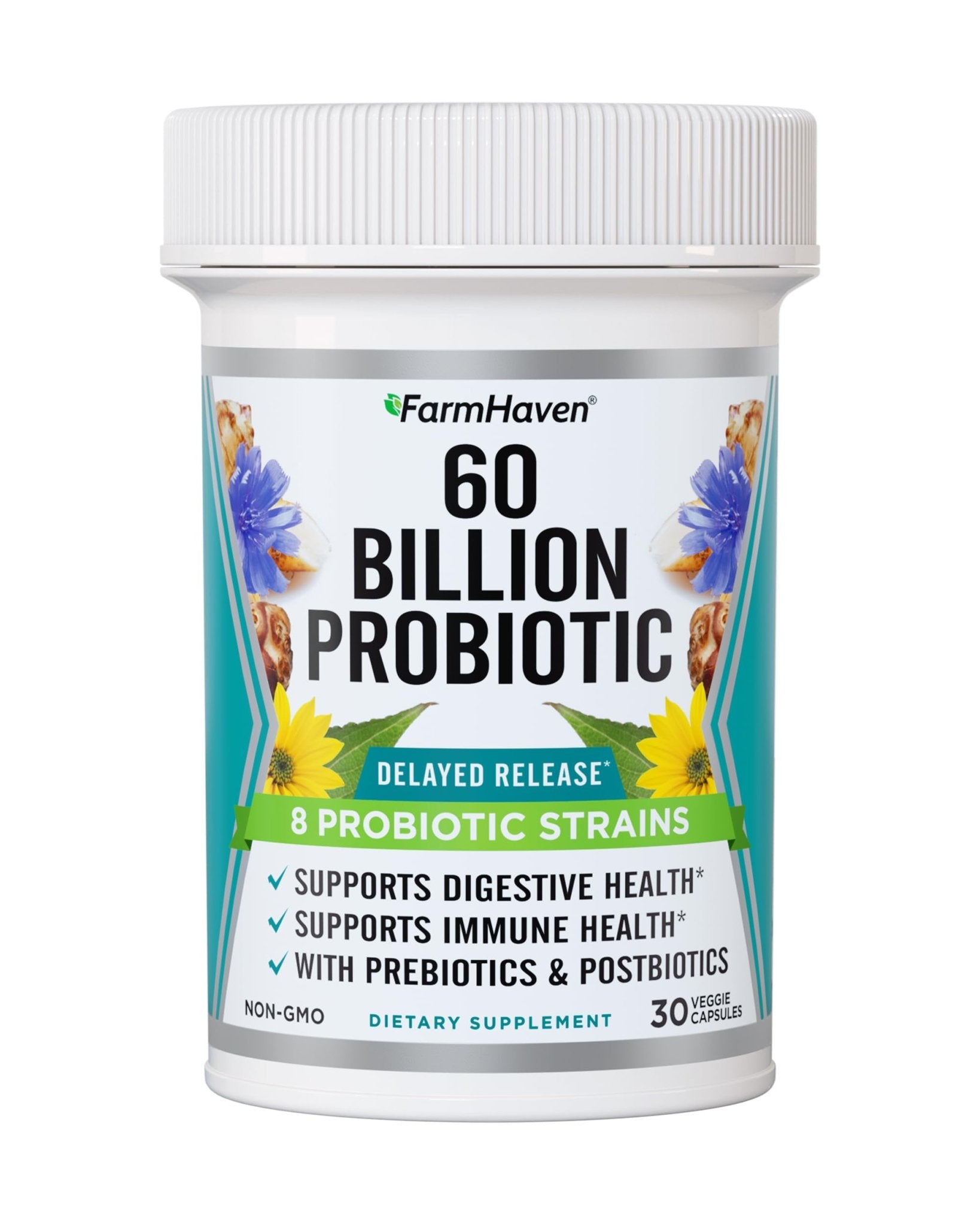 FarmHaven 60 Billion CFU Probiotic - 8 Probiotic Strains - Prebiotics & Postbiotics - Supports Digestive & Immune Health - Delayed Release - Shelf Stable - Non-GMO, Gluten Free - 30 Caps - dailyvitalstore