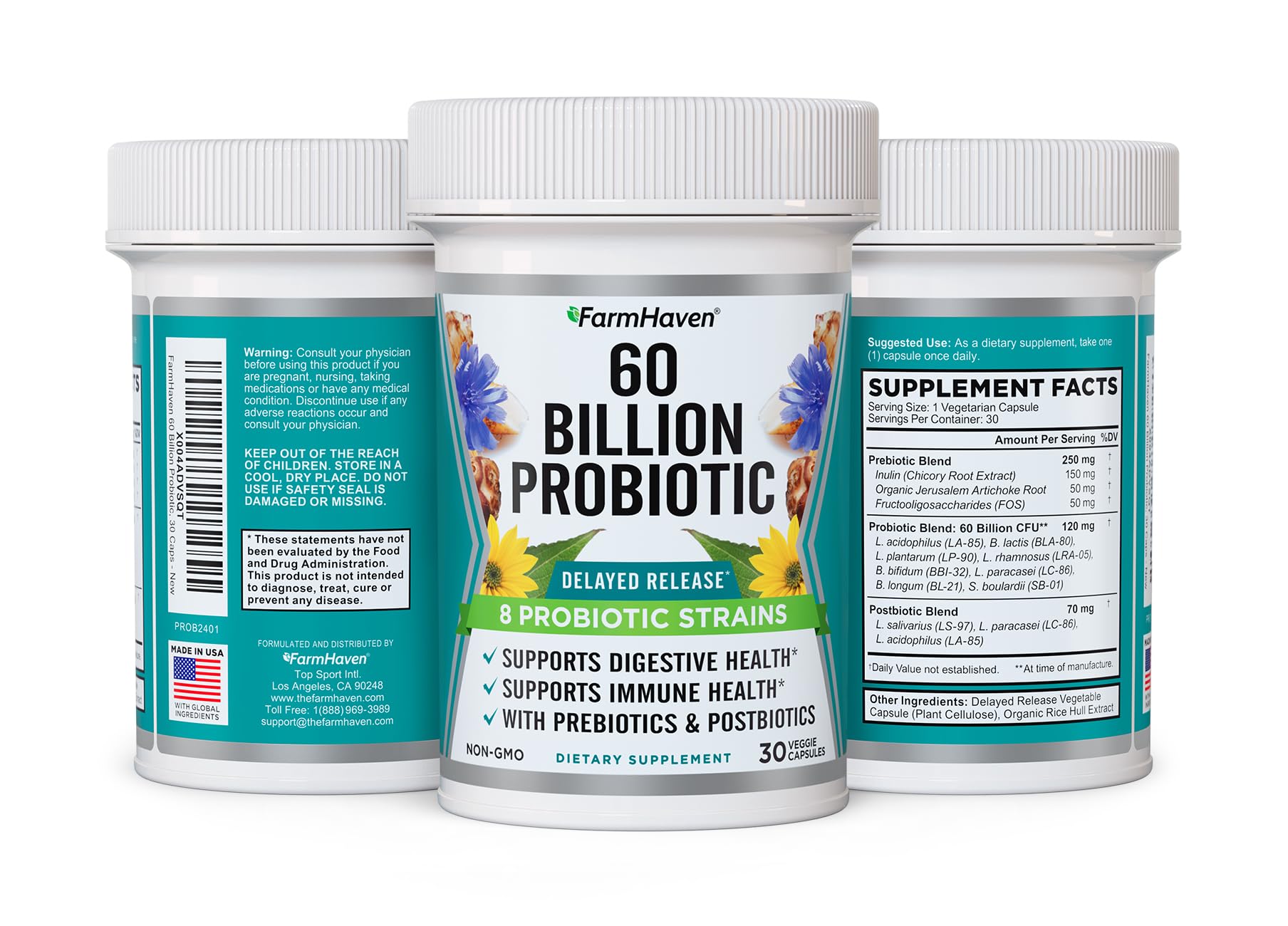 FarmHaven 60 Billion CFU Probiotic - 8 Probiotic Strains - Prebiotics & Postbiotics - Supports Digestive & Immune Health - Delayed Release - Shelf Stable - Non-GMO, Gluten Free - 30 Caps - dailyvitalstore