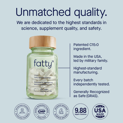 Fatty15 C15:0 Pentadecanoic Acid Supplement The Longevity Nutrient - 90 Vegan Capsules - 3X Cellular Benefits of Fish Oil EPA Omega 3 Supplements - Liver Support & Mitochondrial Health - dailyvitalstore