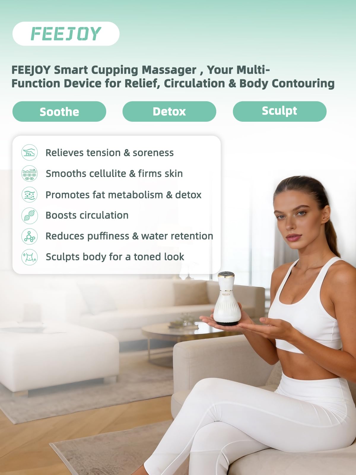 FEEJOY Electric Lymphatic Drainage Massager with Pulse Therapy & Heat – 12-Level Cupping Massage Device for Cellulite Reduction, Body Sculpting, Deep Tissue Pain Relief & Muscle Recovery, White - dailyvitalstore
