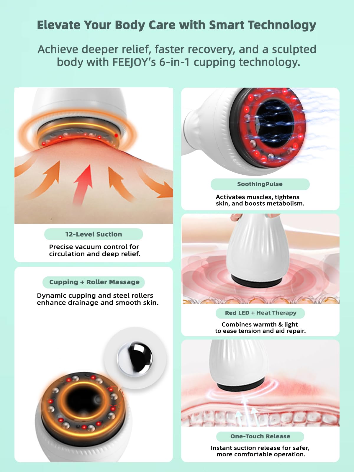 FEEJOY Electric Lymphatic Drainage Massager with Pulse Therapy & Heat – 12-Level Cupping Massage Device for Cellulite Reduction, Body Sculpting, Deep Tissue Pain Relief & Muscle Recovery, White - dailyvitalstore
