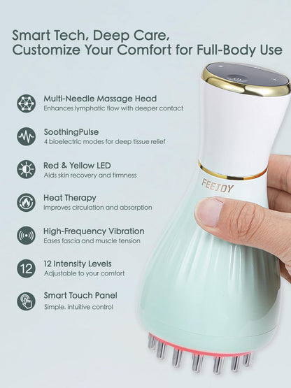 FEEJOY Lymphatic Drainage Massager & Massage Tool, Body Sculpting Machine & Fascia Blaster for Cellulite with Microcurrent, Light, Heat & Vibration, for Legs, Arms & Belly (Gradient Green) - dailyvitalstore