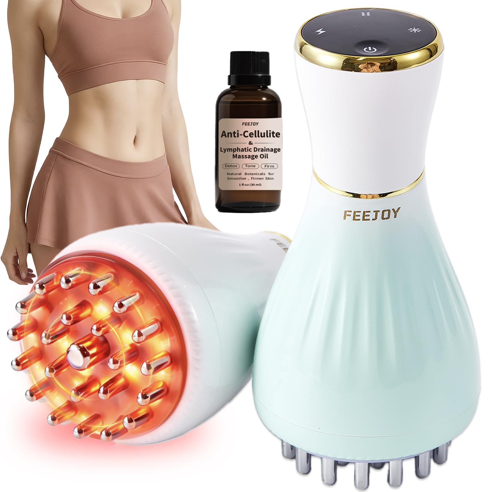 FEEJOY Lymphatic Drainage Massager & Massage Tool with Cellulite Oil, Body Sculpting Machine & Fascia Blaster for Cellulite with Microcurrent, Light, Heat & Vibration, for Legs, Arms & Belly - dailyvitalstore
