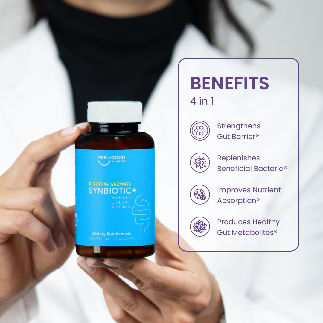 Feel Good Digestive Enzymes 4-in-1 Synbiotic+ – with Prebiotics, Probiotics & Postbiotics – Gut Health, Digestion & Bloating Relief - dailyvitalstore