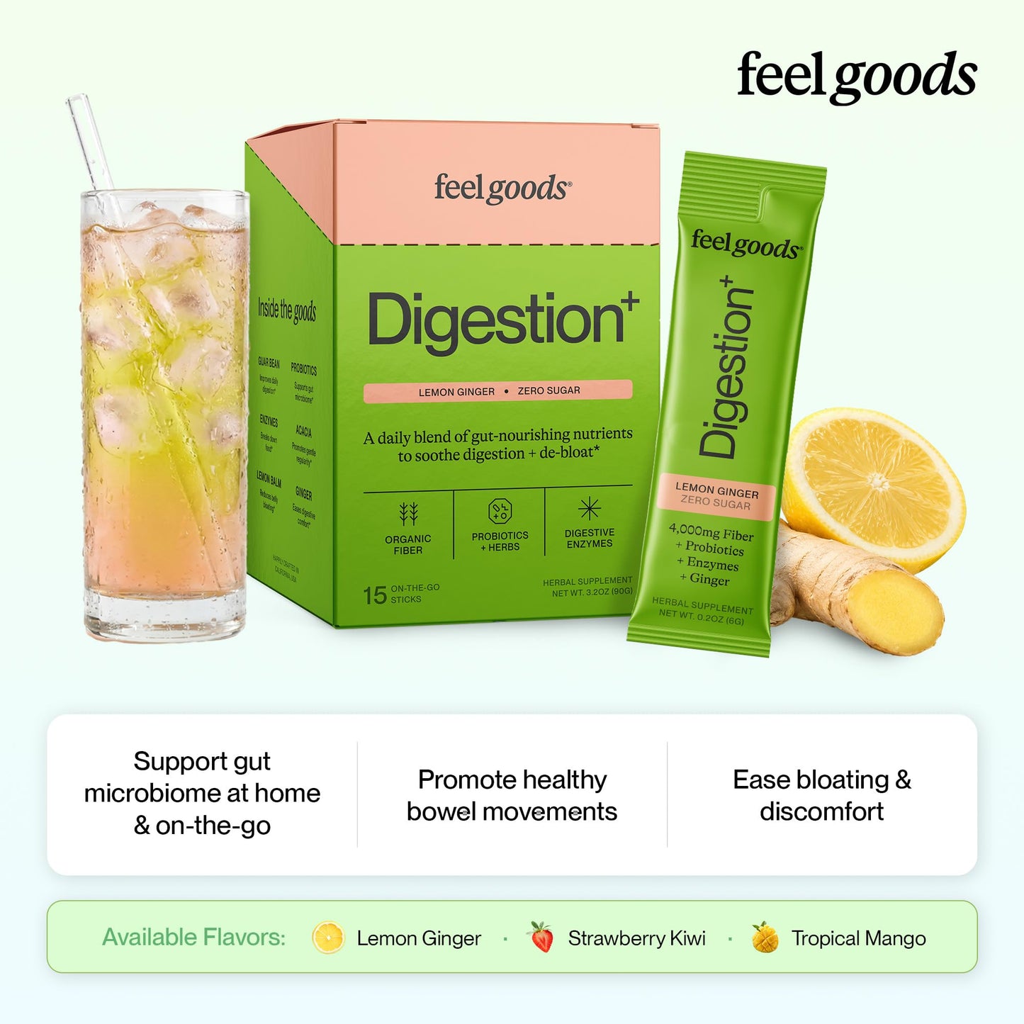 Feel Goods Digestion+, Gut Health, Organic Fiber & Probiotic Drink Mix, Digestive Enzymes for Bloating Relief, Gut Cleanse - dailyvitalstore