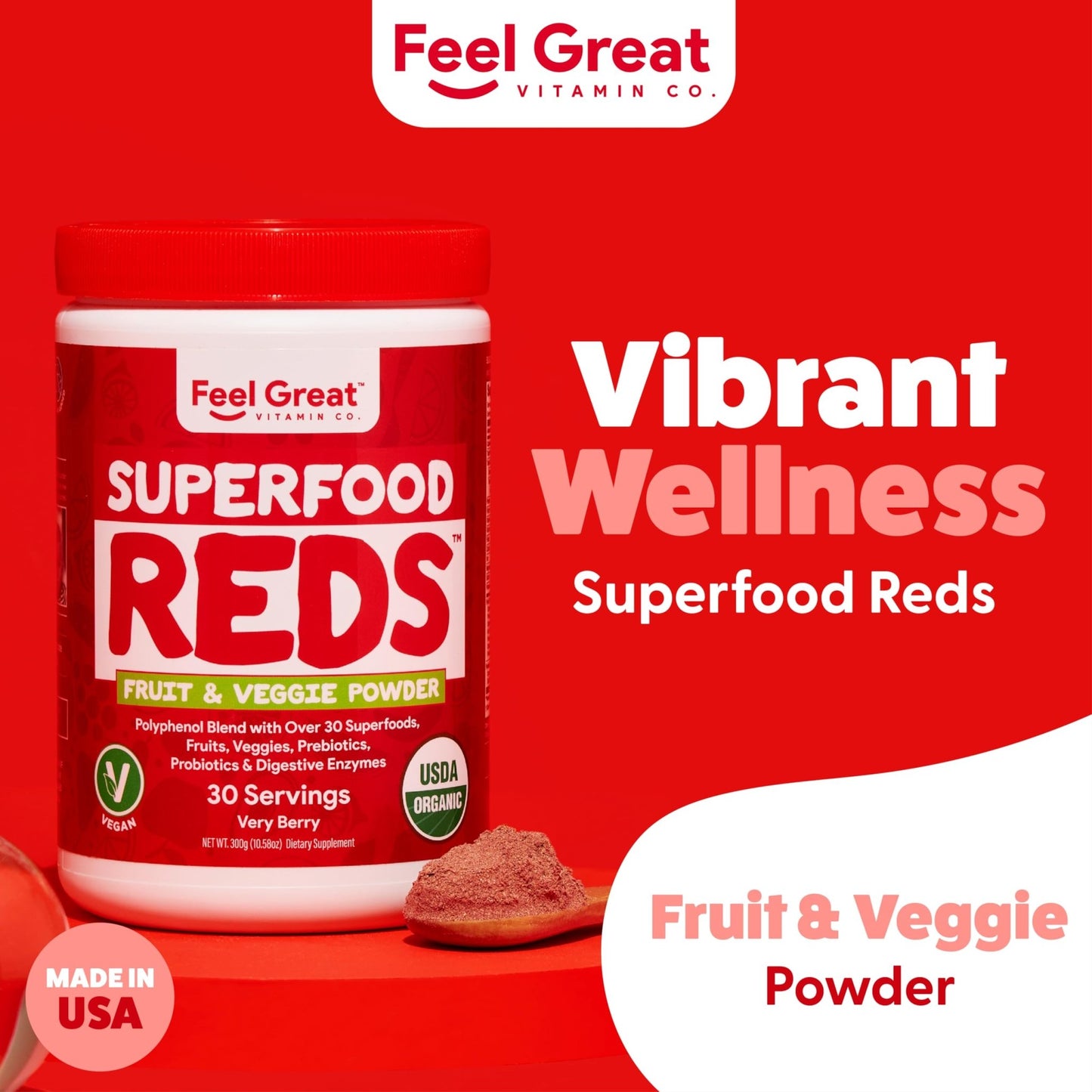 Feel Great Organic Superfood Reds Powder Packed with Beet Root Powder | Digestive Support Including Bloating Relief | Fruit and Veggie Polyphenols Supplement. - dailyvitalstore