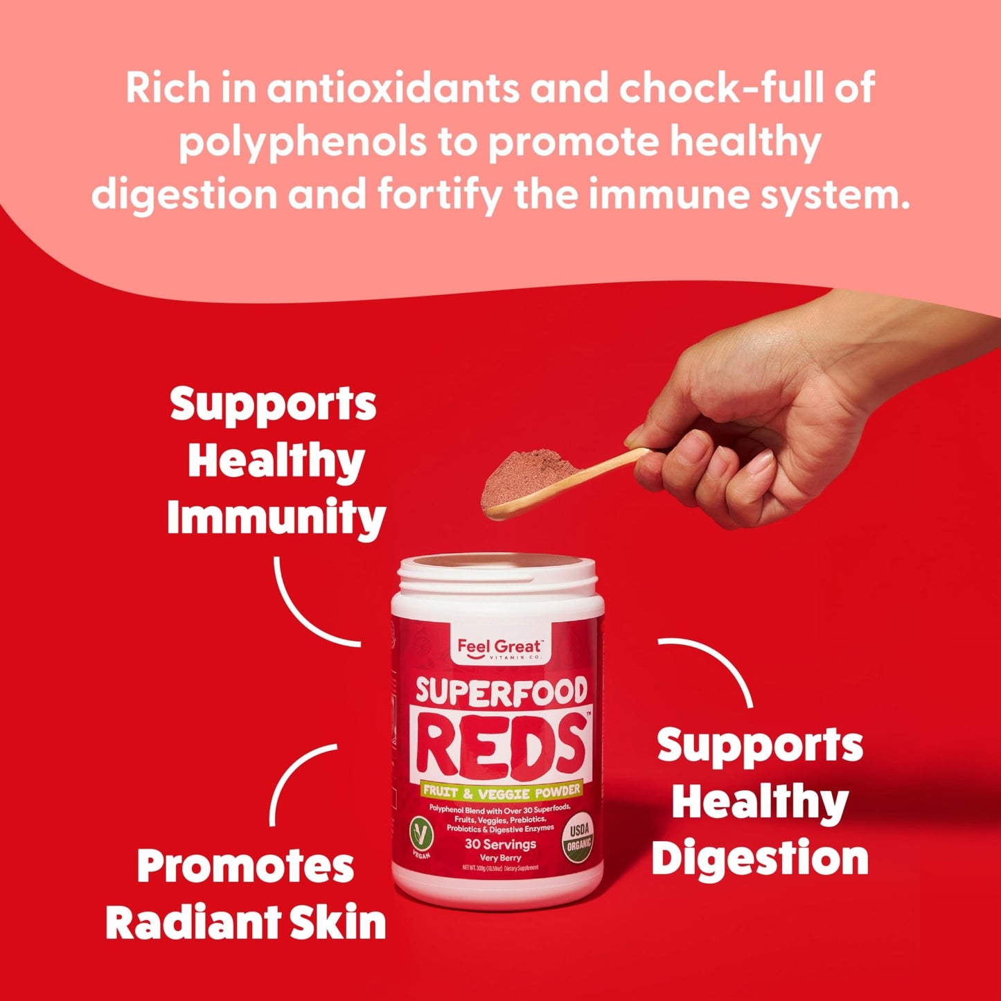 Feel Great Organic Superfood Reds Powder Packed with Beet Root Powder | Digestive Support Including Bloating Relief | Fruit and Veggie Polyphenols Supplement. - dailyvitalstore