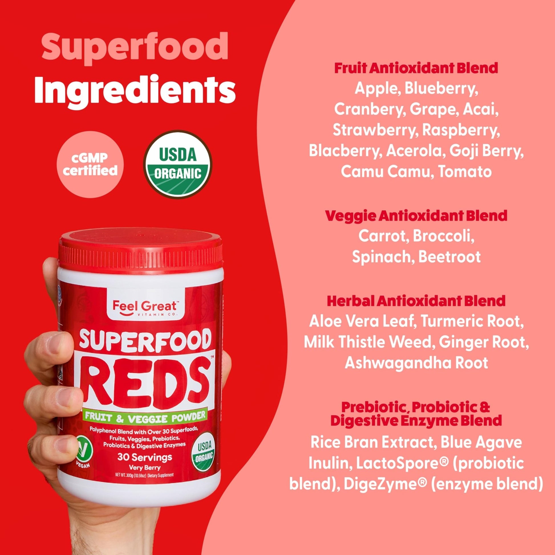 Feel Great Organic Superfood Reds Powder Packed with Beet Root Powder | Digestive Support Including Bloating Relief | Fruit and Veggie Polyphenols Supplement. - dailyvitalstore