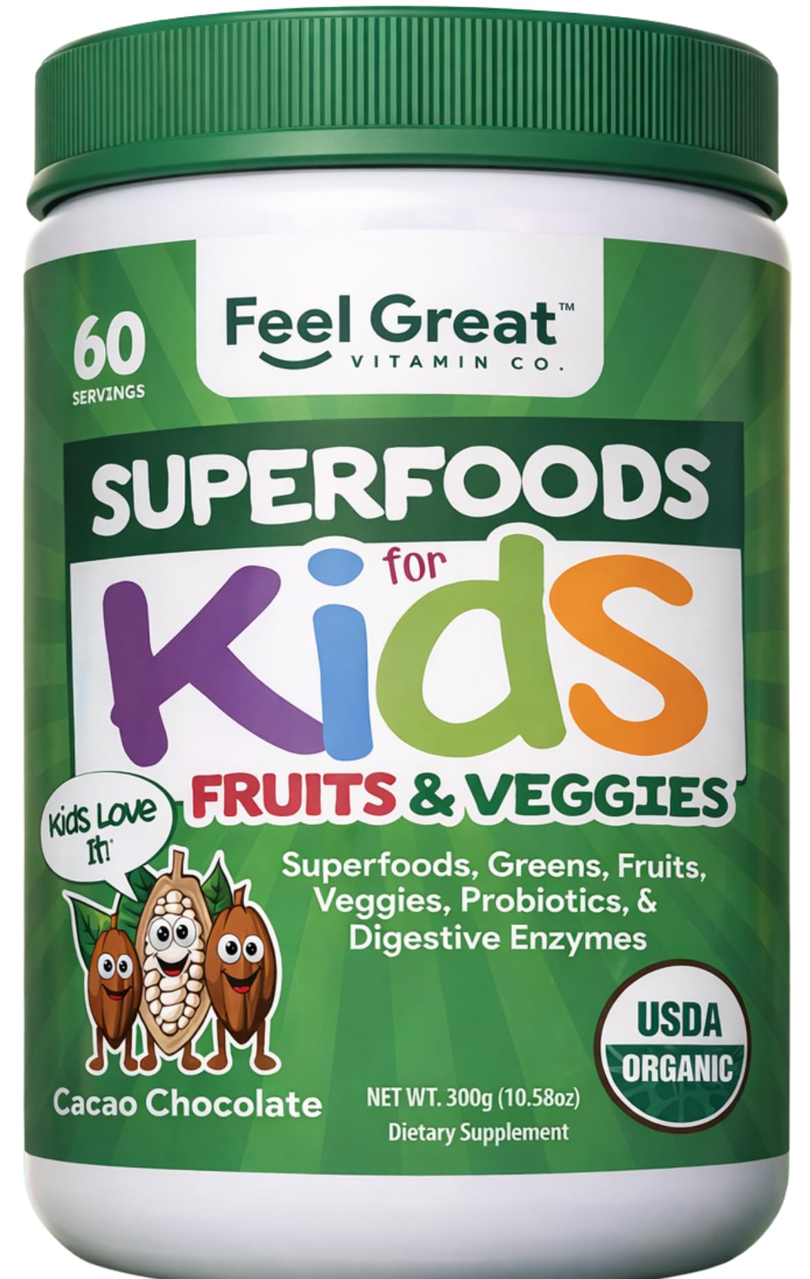 Feel Great USDA Organic Super Greens Powder for Kids - Cocao Chocolate | Fruit & Veggie Supplement | Superfood Powder with Probiotics & Digestive Enzymes for Digestive Health | 60 Days Supply - dailyvitalstore