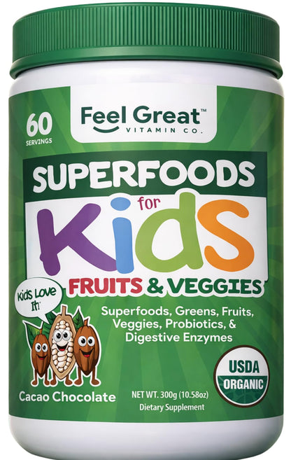 Feel Great USDA Organic Super Greens Powder for Kids - Cocao Chocolate | Fruit & Veggie Supplement | Superfood Powder with Probiotics & Digestive Enzymes for Digestive Health | 60 Days Supply - dailyvitalstore