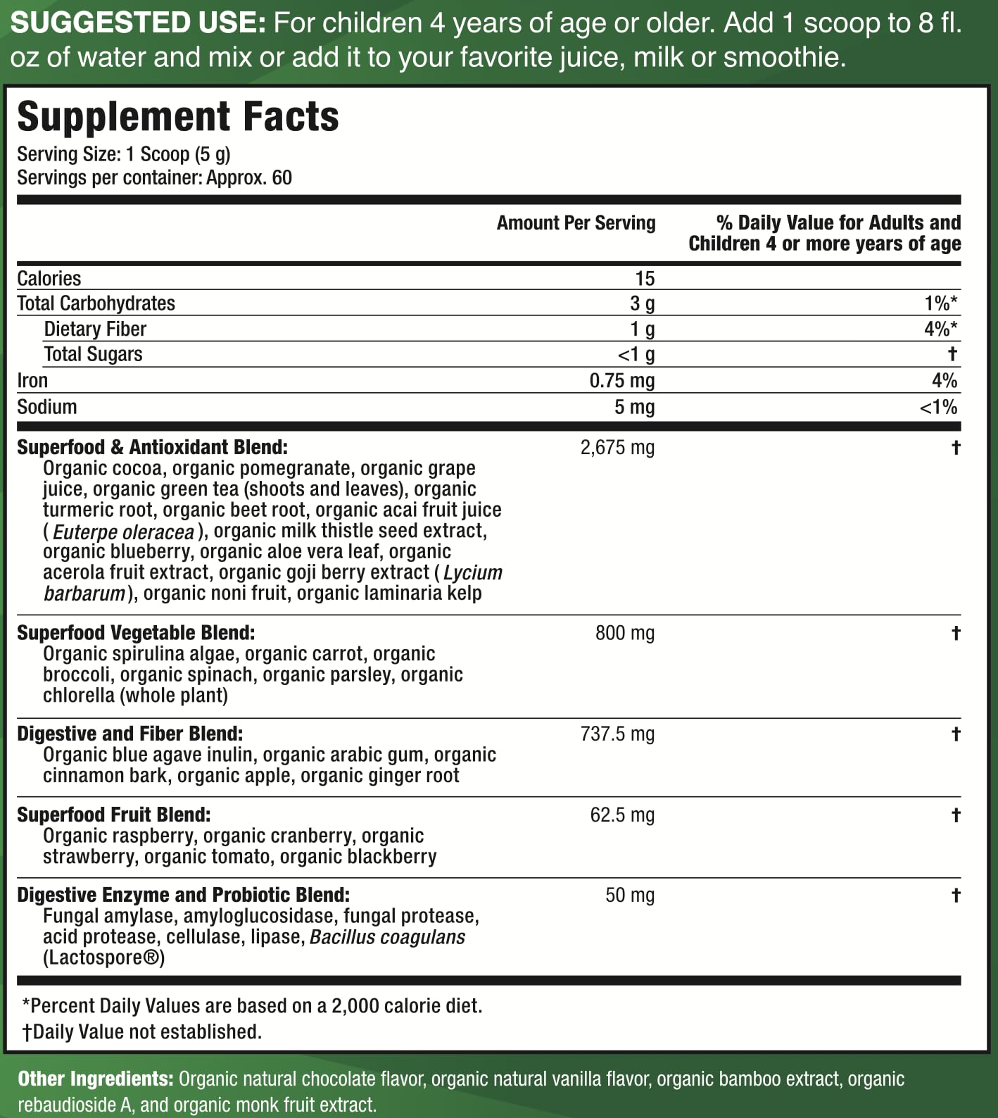 Feel Great USDA Organic Super Greens Powder for Kids - Cocao Chocolate | Fruit & Veggie Supplement | Superfood Powder with Probiotics & Digestive Enzymes for Digestive Health | 60 Days Supply - dailyvitalstore