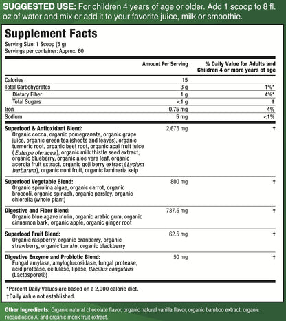 Feel Great USDA Organic Super Greens Powder for Kids - Cocao Chocolate | Fruit & Veggie Supplement | Superfood Powder with Probiotics & Digestive Enzymes for Digestive Health | 60 Days Supply - dailyvitalstore