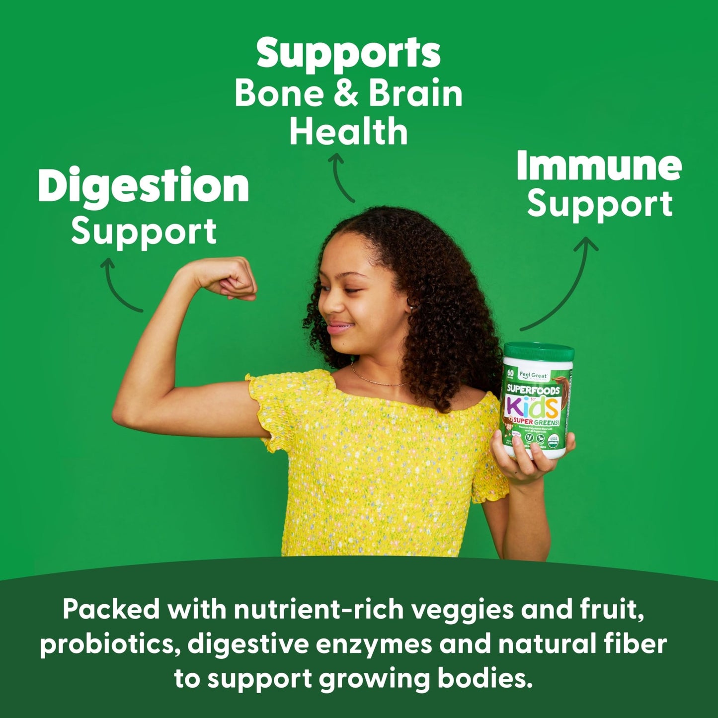 Feel Great USDA Organic Super Greens Powder for Kids - Cocao Chocolate | Fruit & Veggie Supplement | Superfood Powder with Probiotics & Digestive Enzymes for Digestive Health | 60 Days Supply - dailyvitalstore
