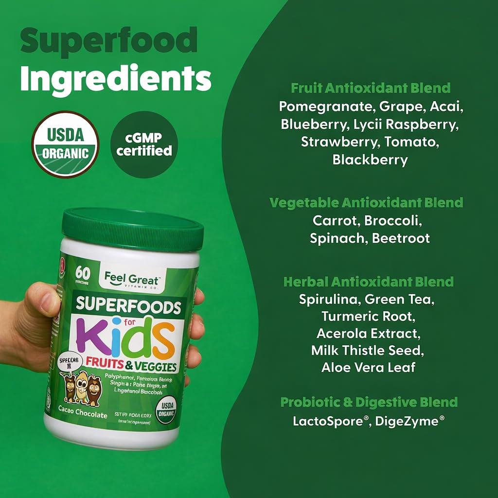 Feel Great USDA Organic Super Greens Powder for Kids - Cocao Chocolate | Fruit & Veggie Supplement | Superfood Powder with Probiotics & Digestive Enzymes for Digestive Health | 60 Days Supply - dailyvitalstore