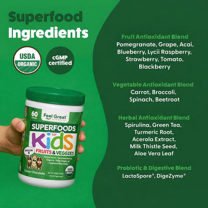 Feel Great USDA Organic Super Greens Powder for Kids - Cocao Chocolate | Fruit & Veggie Supplement | Superfood Powder with Probiotics & Digestive Enzymes for Digestive Health | 60 Days Supply - dailyvitalstore
