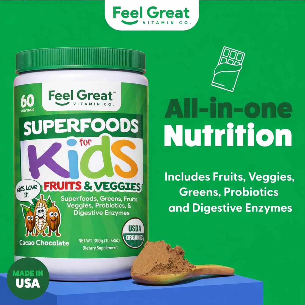 Feel Great USDA Organic Super Greens Powder for Kids - Cocao Chocolate | Fruit & Veggie Supplement | Superfood Powder with Probiotics & Digestive Enzymes for Digestive Health | 60 Days Supply - dailyvitalstore