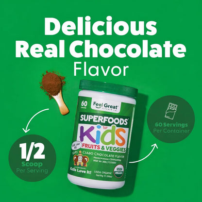 Feel Great USDA Organic Super Greens Powder for Kids - Cocao Chocolate | Fruit & Veggie Supplement | Superfood Powder with Probiotics & Digestive Enzymes for Digestive Health | 60 Days Supply - dailyvitalstore