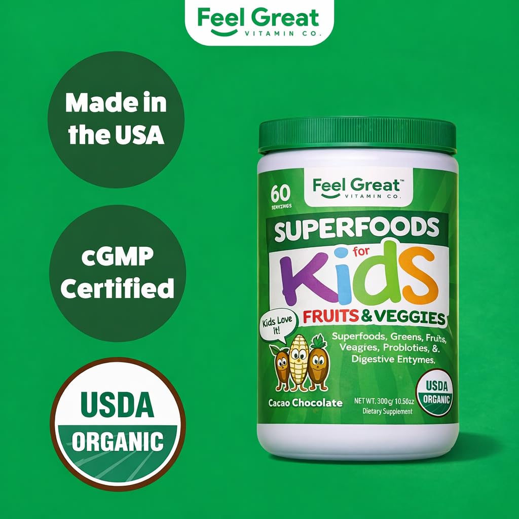 Feel Great USDA Organic Super Greens Powder for Kids - Cocao Chocolate | Fruit & Veggie Supplement | Superfood Powder with Probiotics & Digestive Enzymes for Digestive Health | 60 Days Supply - dailyvitalstore