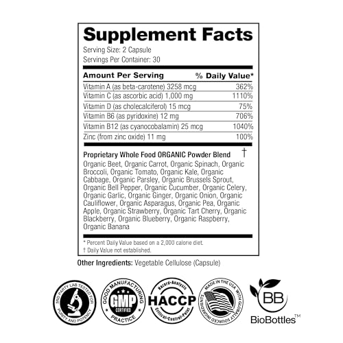 FeelGood Superfoods 1000mg Immune Support Capsules Made with 25 Organic Fruits and Vegetables, Strong Immunity Boosters with Vitamins A, C, D3, and Zinc, 60 Count - dailyvitalstore