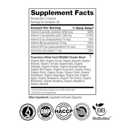 FeelGood Superfoods 1000mg Immune Support Capsules Made with 25 Organic Fruits and Vegetables, Strong Immunity Boosters with Vitamins A, C, D3, and Zinc, 60 Count - dailyvitalstore