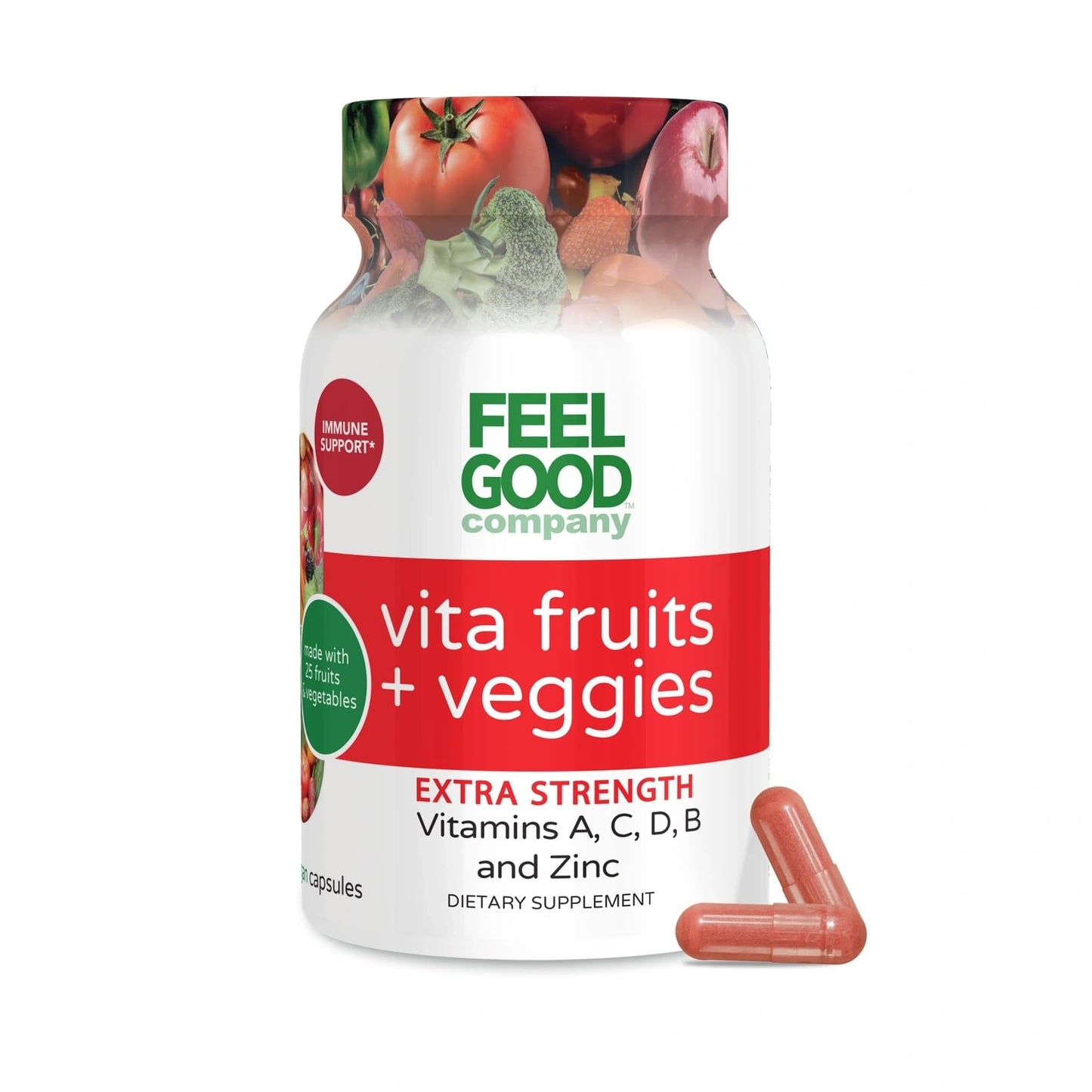 FeelGood Superfoods 1000mg Immune Support Capsules Made with 25 Organic Fruits and Vegetables, Strong Immunity Boosters with Vitamins A, C, D3, and Zinc, 60 Count - dailyvitalstore