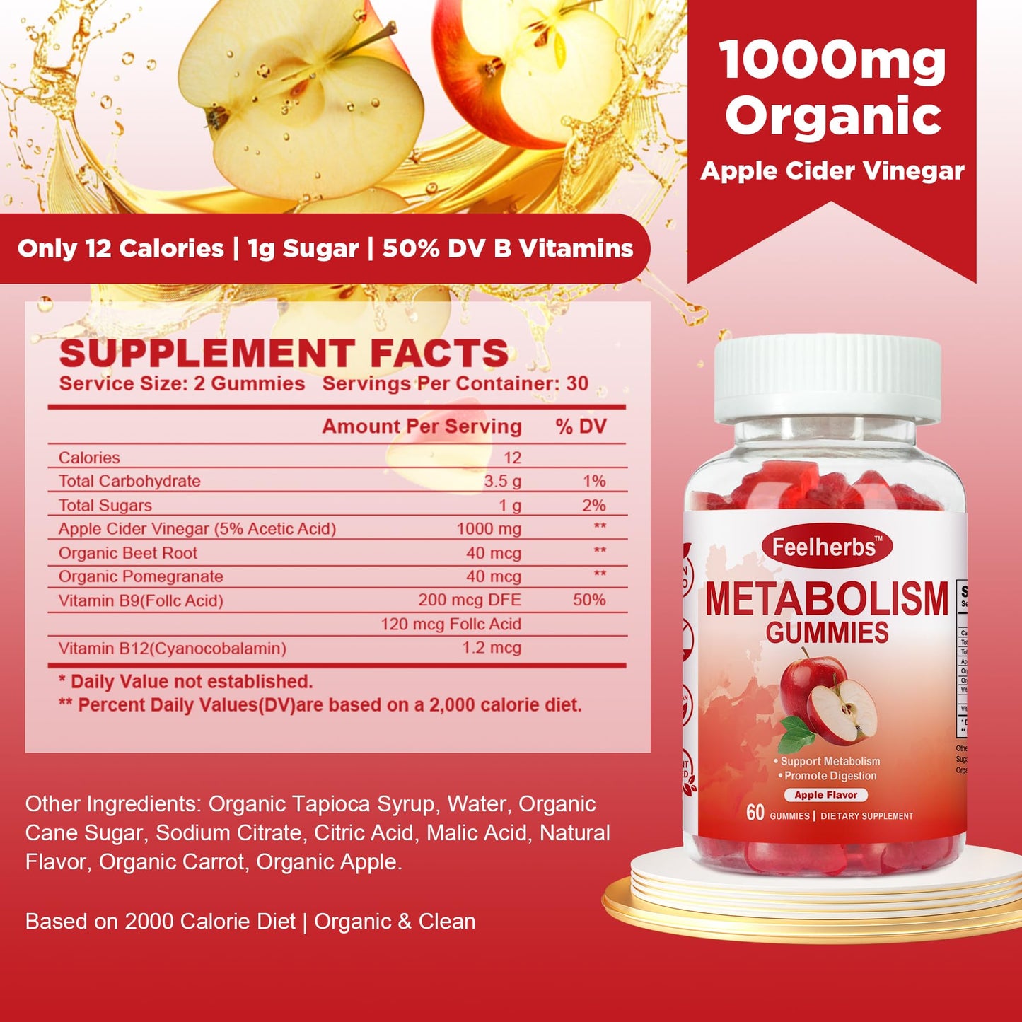 Feelherbs Metabolism Gummies for Women and Men Digestion & Energy, 60 Count Apple Cider Vinegar Gummies with Vitamin B12 & Beet Root, Chewable Keto ACV Vitamin for Metabolism & Detox Cleanse - dailyvitalstore