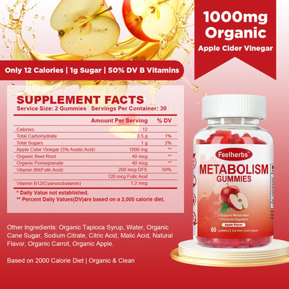 Feelherbs Metabolism Gummies for Women and Men Digestion & Energy, 60 Count Apple Cider Vinegar Gummies with Vitamin B12 & Beet Root, Chewable Keto ACV Vitamin for Metabolism & Detox Cleanse - dailyvitalstore