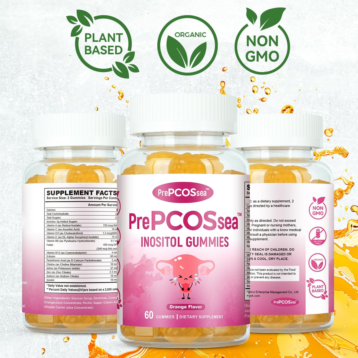 Feelherbs PrePCOSsea Inositol Gummies Vitamins, 2 Pack Orange Flavor Myo-Inositol Vitamin Gummies with Folate, B6, B12 & D-Biotin, 60 Count Soft Chews - dailyvitalstore
