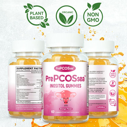 Feelherbs PrePCOSsea Inositol Gummies Vitamins, 2 Pack Orange Flavor Myo-Inositol Vitamin Gummies with Folate, B6, B12 & D-Biotin, 60 Count Soft Chews - dailyvitalstore