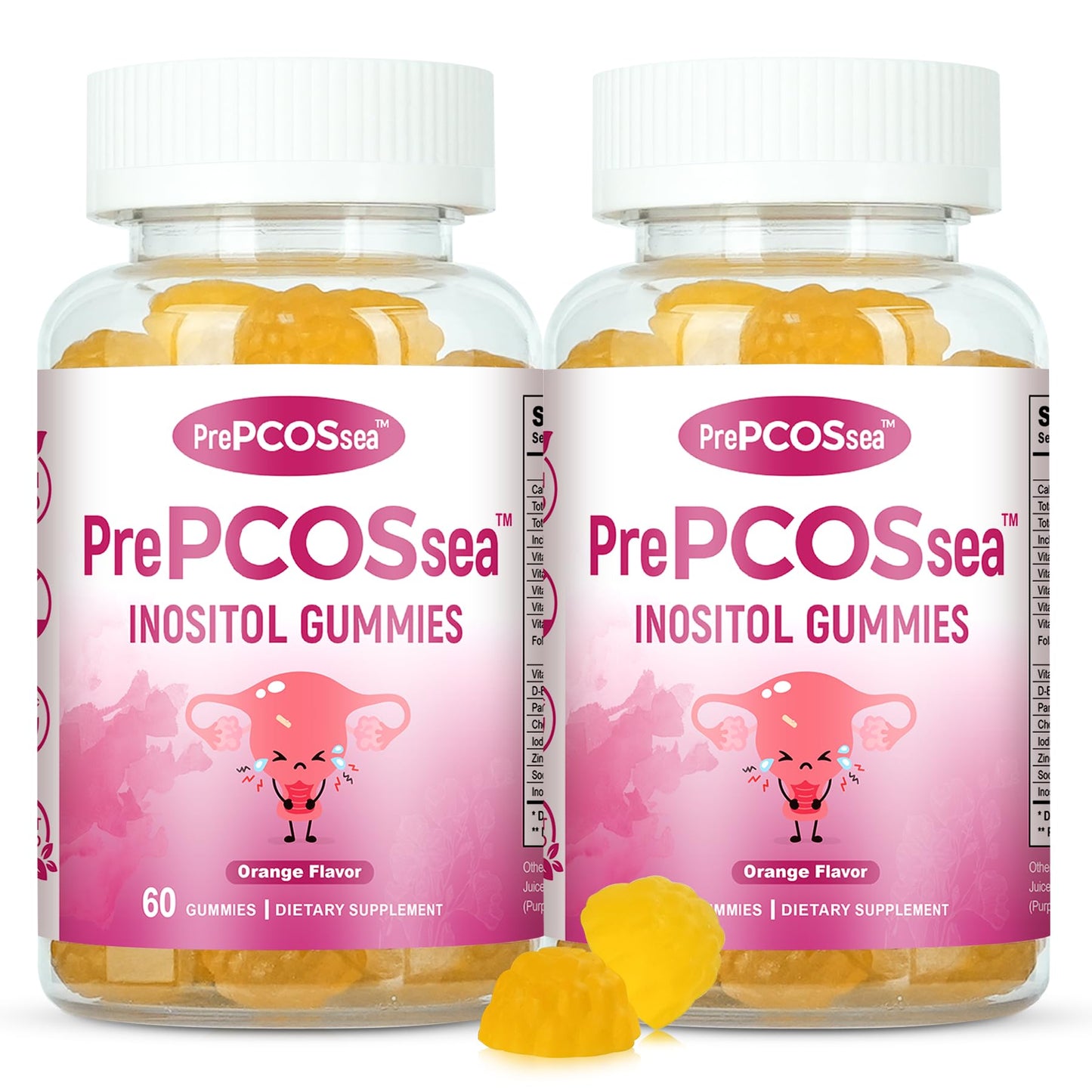 Feelherbs PrePCOSsea Inositol Gummies Vitamins, 2 Pack Orange Flavor Myo-Inositol Vitamin Gummies with Folate, B6, B12 & D-Biotin, 60 Count Soft Chews - dailyvitalstore
