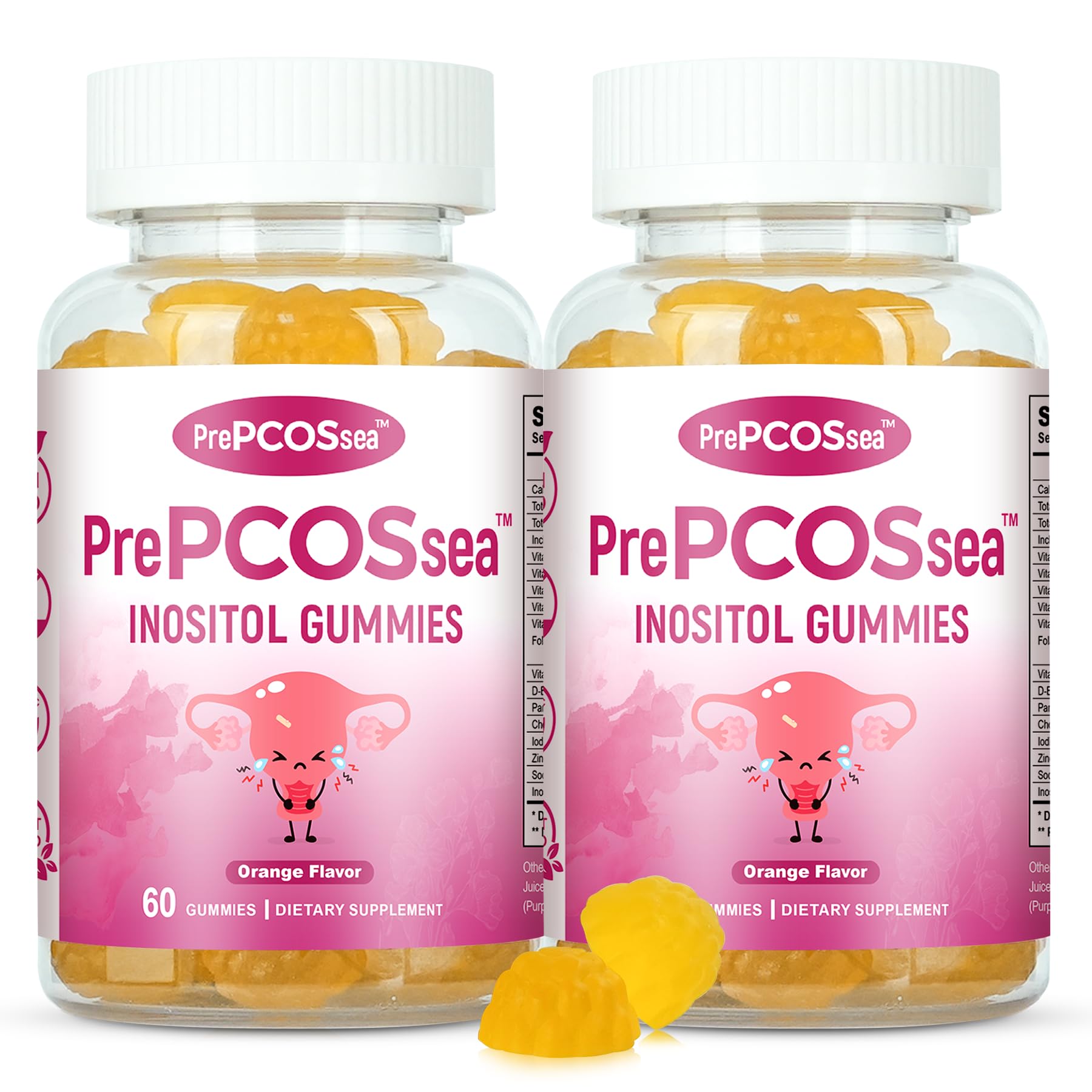 Feelherbs PrePCOSsea Inositol Gummies Vitamins, 2 Pack Orange Flavor Myo-Inositol Vitamin Gummies with Folate, B6, B12 & D-Biotin, 60 Count Soft Chews - dailyvitalstore