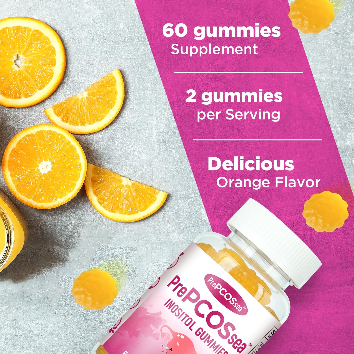 Feelherbs PrePCOSsea Inositol Gummies Vitamins, 2 Pack Orange Flavor Myo-Inositol Vitamin Gummies with Folate, B6, B12 & D-Biotin, 60 Count Soft Chews - dailyvitalstore