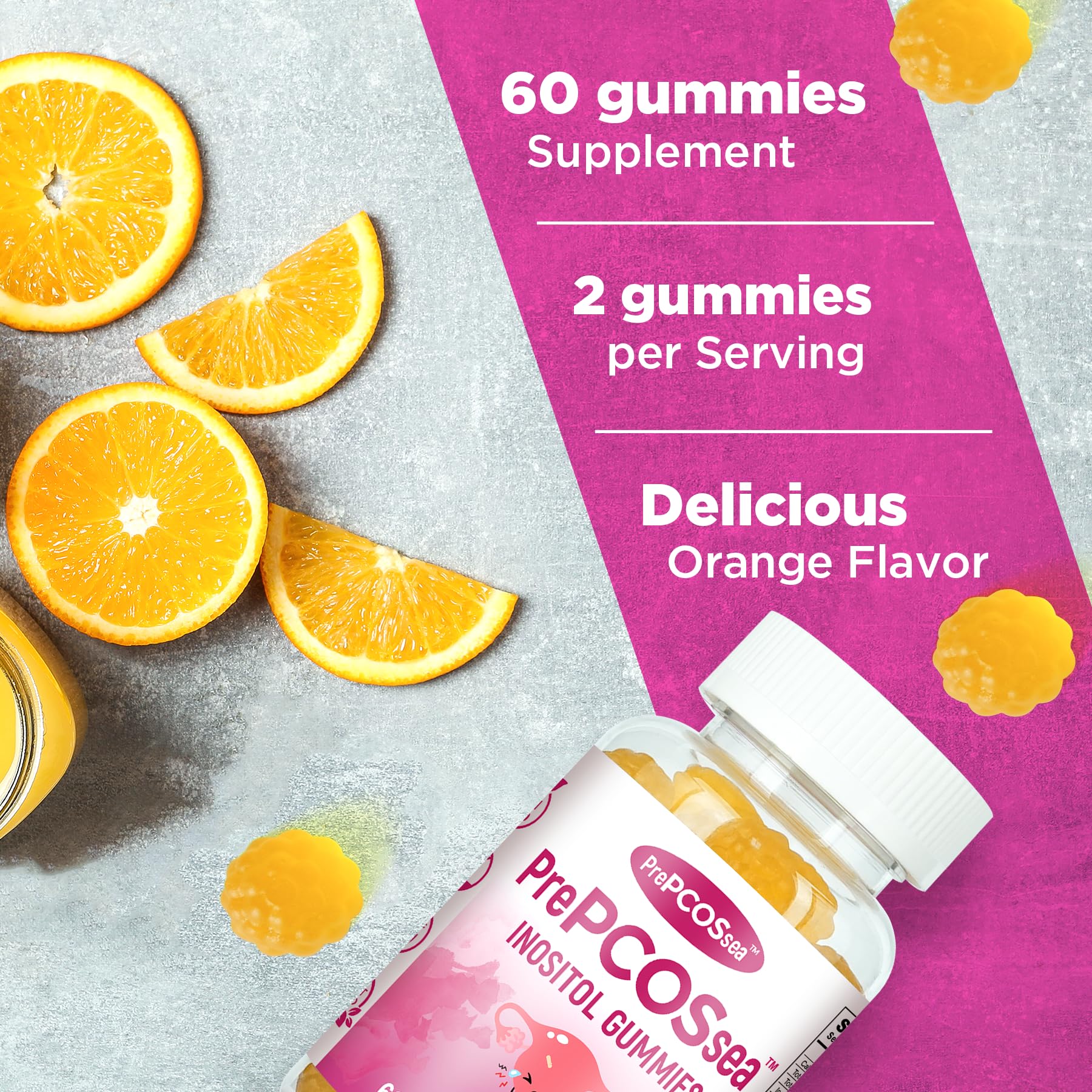 Feelherbs PrePCOSsea Inositol Gummies Vitamins, 2 Pack Orange Flavor Myo-Inositol Vitamin Gummies with Folate, B6, B12 & D-Biotin, 60 Count Soft Chews - dailyvitalstore