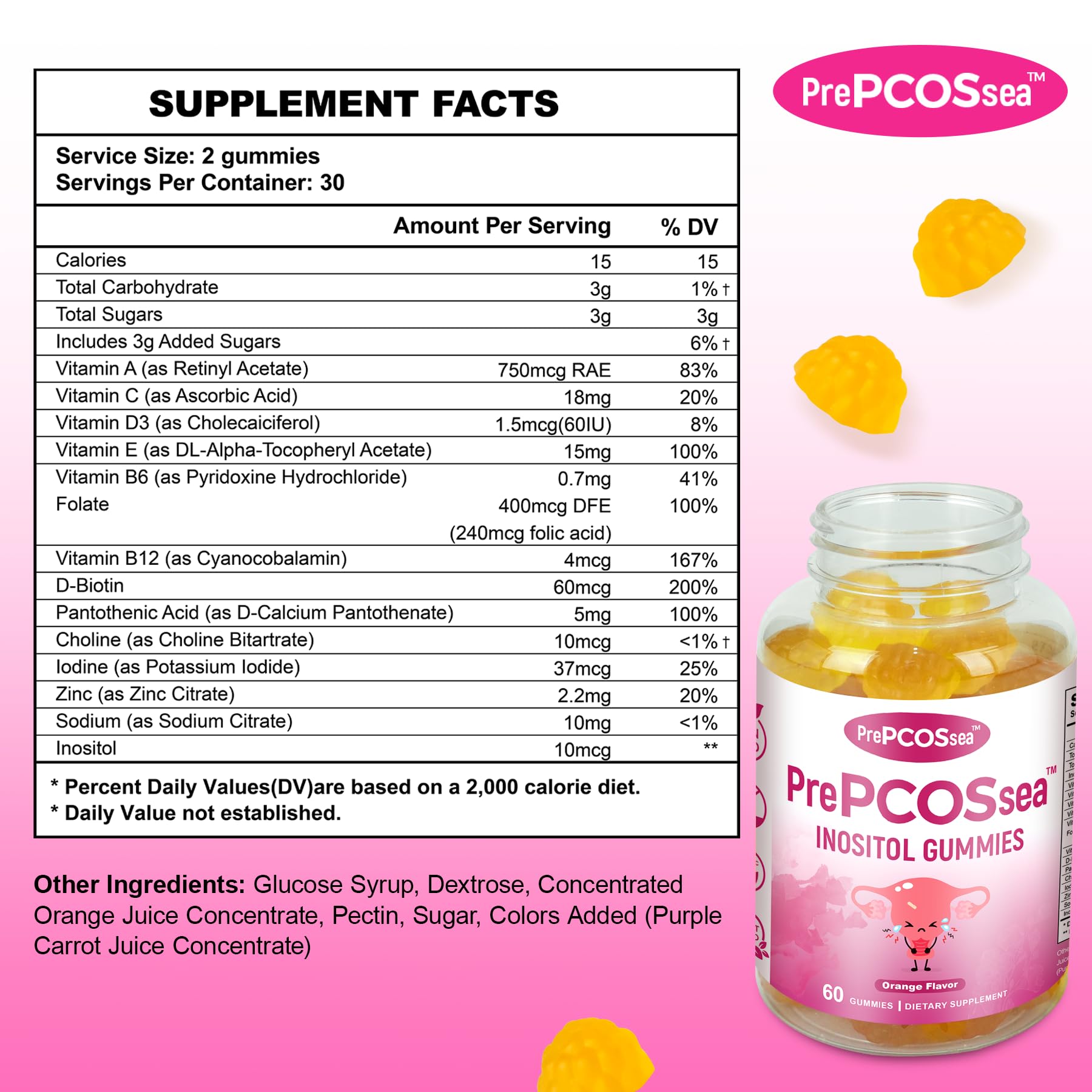 Feelherbs PrePCOSsea Inositol Gummies Vitamins, 2 Pack Orange Flavor Myo-Inositol Vitamin Gummies with Folate, B6, B12 & D-Biotin, 60 Count Soft Chews - dailyvitalstore