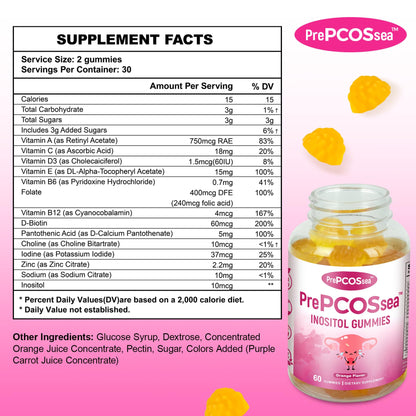 Feelherbs PrePCOSsea Inositol Gummies Vitamins, 2 Pack Orange Flavor Myo-Inositol Vitamin Gummies with Folate, B6, B12 & D-Biotin, 60 Count Soft Chews - dailyvitalstore