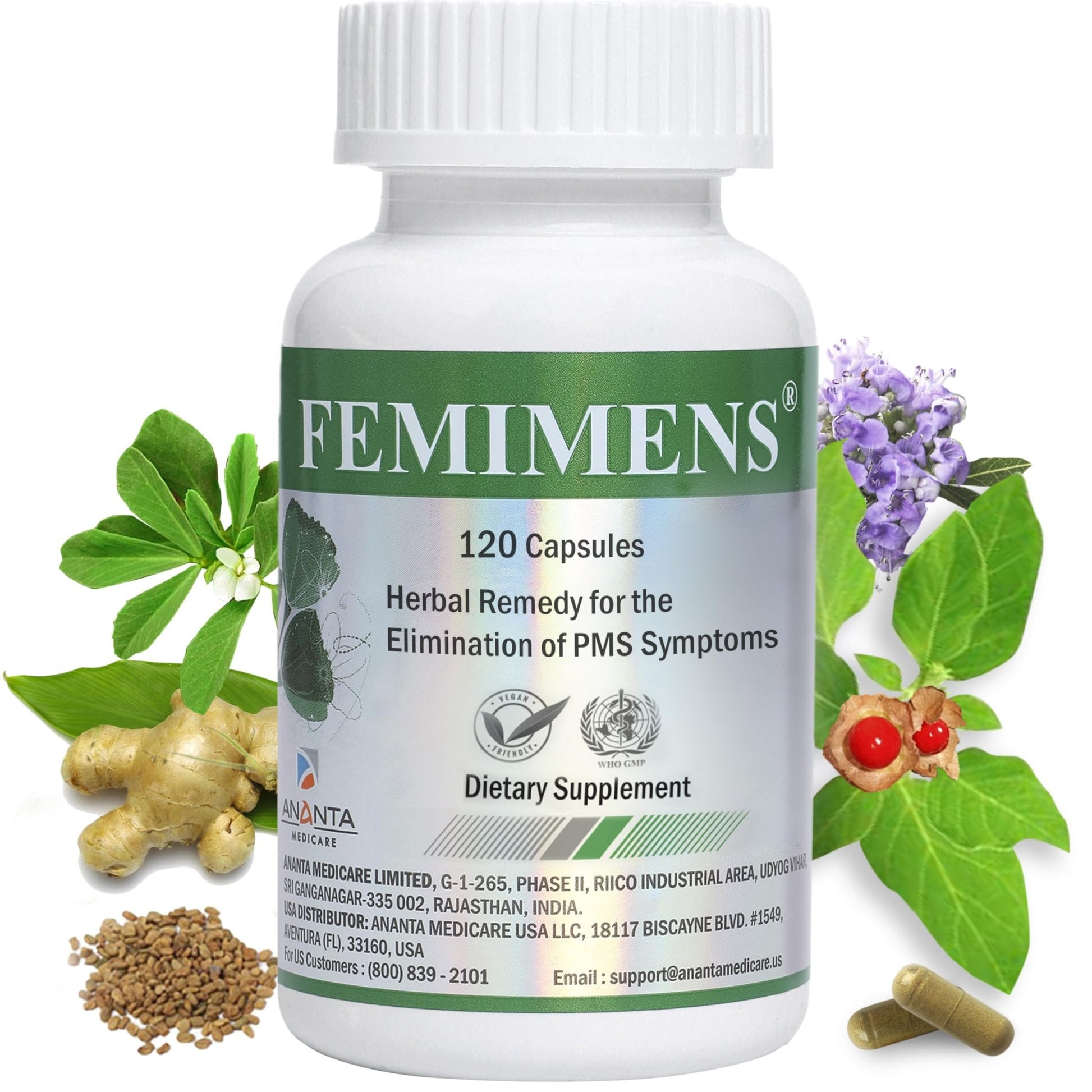 FEMIMENS – PMS Support Supplement for Women – PMS Relief for Women & Menstrual Cramp Relief – Hormonal Balance for Women – Chasteberry Vitex, Ashwagandha, Ginger, Fenugreek – 120 Vegan Capsules - dailyvitalstore