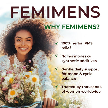 FEMIMENS – PMS Support Supplement for Women – PMS Relief for Women & Menstrual Cramp Relief – Hormonal Balance for Women – Chasteberry Vitex, Ashwagandha, Ginger, Fenugreek – 120 Vegan Capsules - dailyvitalstore