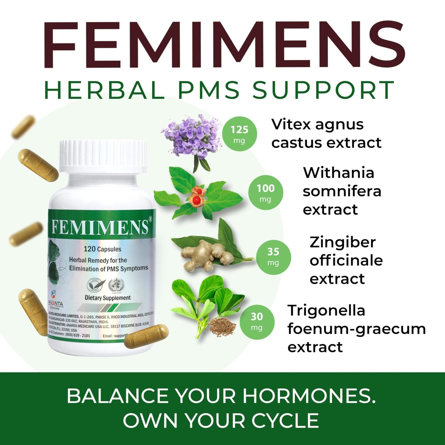 FEMIMENS – PMS Support Supplement for Women – PMS Relief for Women & Menstrual Cramp Relief – Hormonal Balance for Women – Chasteberry Vitex, Ashwagandha, Ginger, Fenugreek – 120 Vegan Capsules - dailyvitalstore