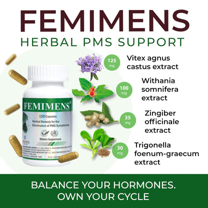 FEMIMENS – PMS Support Supplement for Women – PMS Relief for Women & Menstrual Cramp Relief – Hormonal Balance for Women – Chasteberry Vitex, Ashwagandha, Ginger, Fenugreek – 120 Vegan Capsules - dailyvitalstore