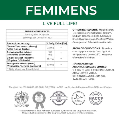 FEMIMENS – PMS Support Supplement for Women – PMS Relief for Women & Menstrual Cramp Relief – Hormonal Balance for Women – Chasteberry Vitex, Ashwagandha, Ginger, Fenugreek – 120 Vegan Capsules - dailyvitalstore