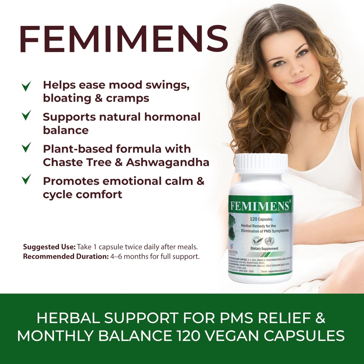 FEMIMENS – PMS Support Supplement for Women – PMS Relief for Women & Menstrual Cramp Relief – Hormonal Balance for Women – Chasteberry Vitex, Ashwagandha, Ginger, Fenugreek – 120 Vegan Capsules - dailyvitalstore