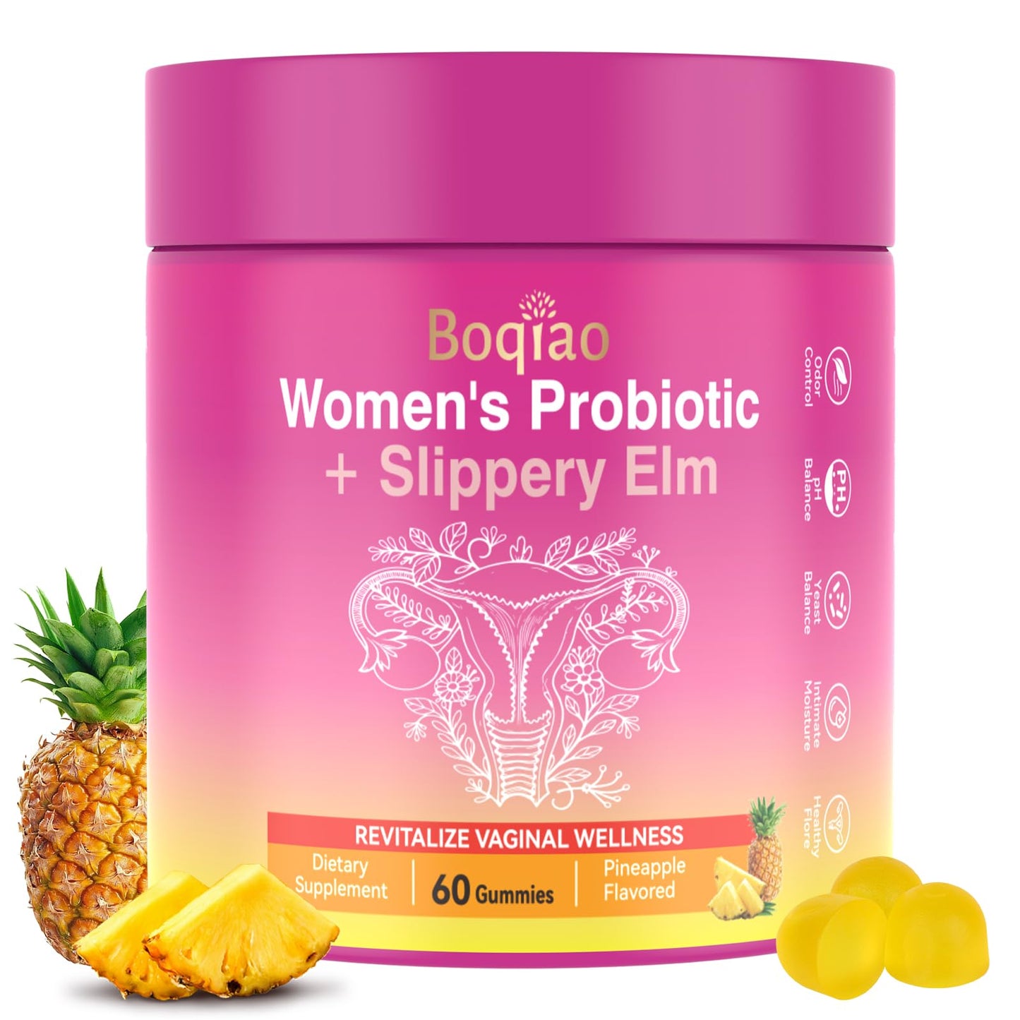 Feminine Probiotics Gummies with Slippery Elm - 60 Pineapple Gummies for Women ph Balance, Vaginal Probiotics Supports Flora, Gut Health & Immune System, Prebiotics & Lactobacillus Blend (Pineapple) - dailyvitalstore