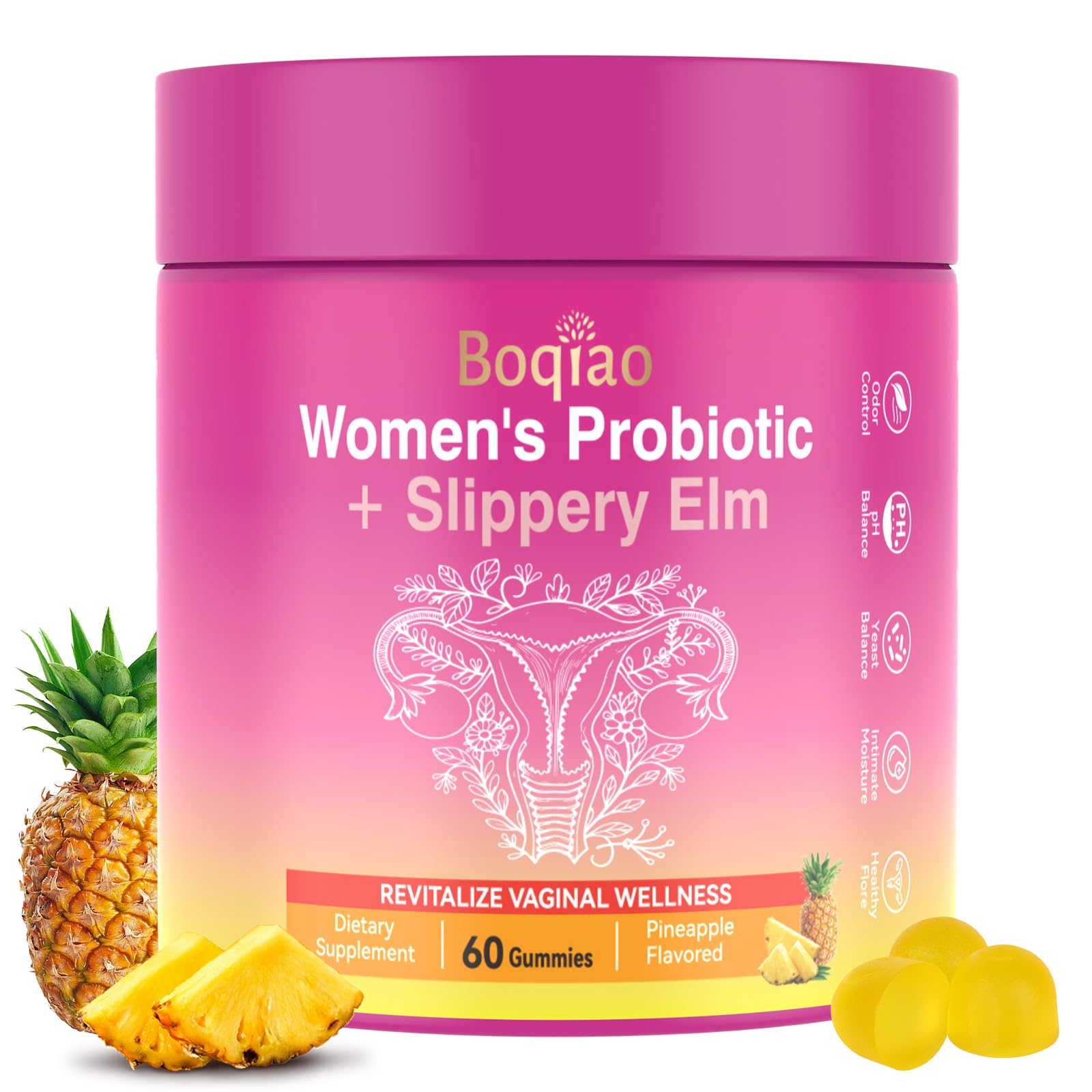 Feminine Probiotics Gummies with Slippery Elm - 60 Pineapple Gummies for Women ph Balance, Vaginal Probiotics Supports Flora, Gut Health & Immune System, Prebiotics & Lactobacillus Blend (Pineapple) - dailyvitalstore