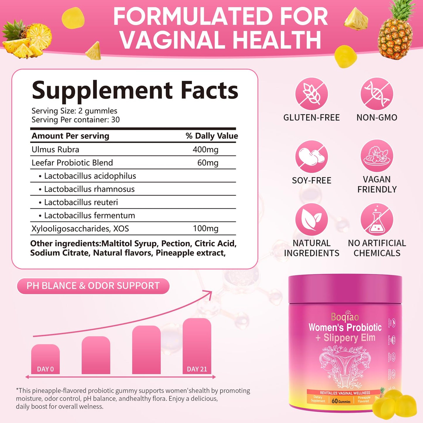 Feminine Probiotics Gummies with Slippery Elm - 60 Pineapple Gummies for Women ph Balance, Vaginal Probiotics Supports Flora, Gut Health & Immune System, Prebiotics & Lactobacillus Blend (Pineapple) - dailyvitalstore
