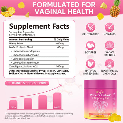 Feminine Probiotics Gummies with Slippery Elm - 60 Pineapple Gummies for Women ph Balance, Vaginal Probiotics Supports Flora, Gut Health & Immune System, Prebiotics & Lactobacillus Blend (Pineapple) - dailyvitalstore